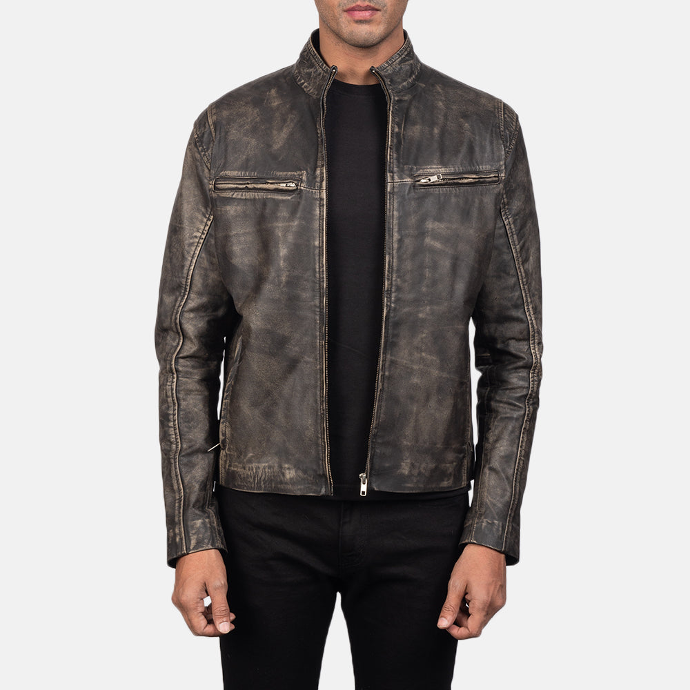 Ionic Distressed Brown Leather Biker Jacket