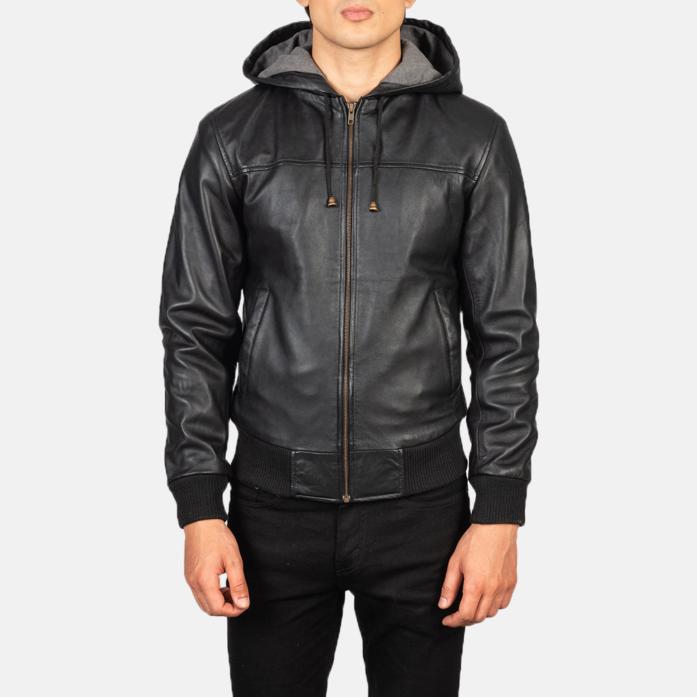 Nintenzo Black Hooded Leather Bomber Jacket