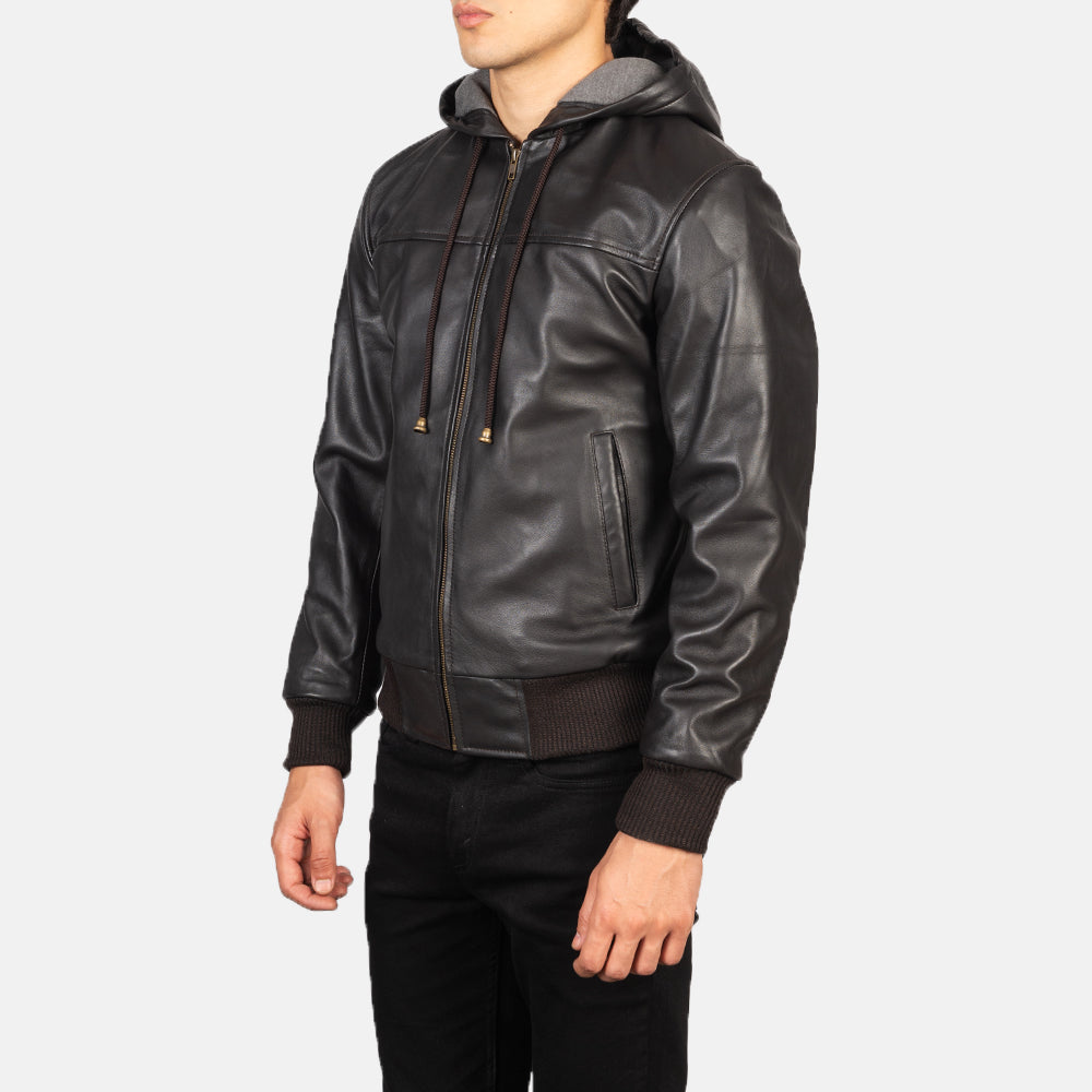 Nintenzo Brown Hooded Leather Bomber Jacket