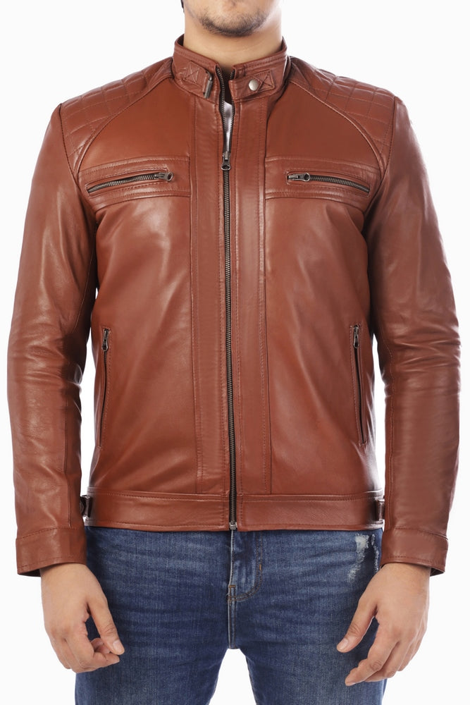 Men's Casual Signature Diamond Lambskin Leather Jacket-Tan