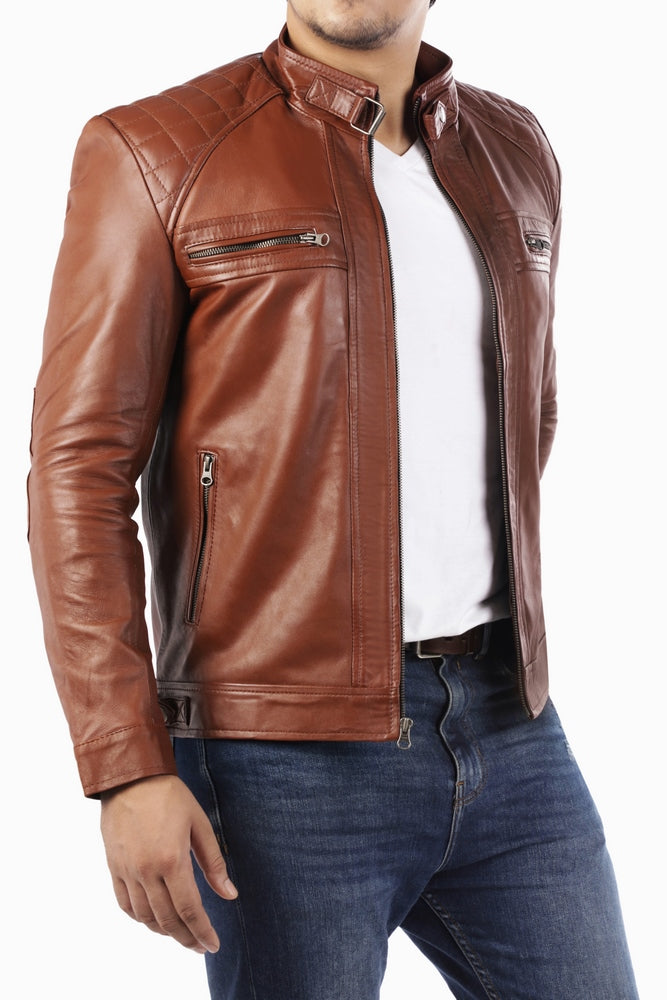 Men's Casual Signature Diamond Lambskin Leather Jacket-Tan