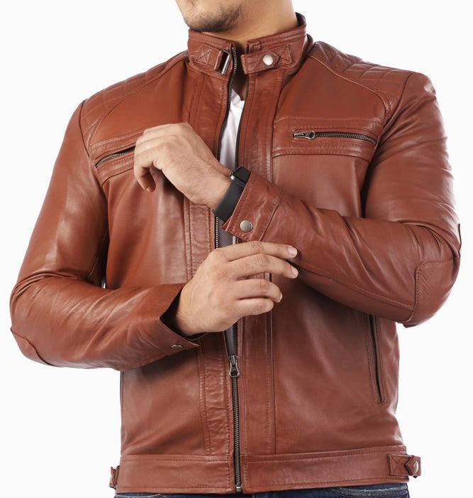 Men's Casual Signature Diamond Lambskin Leather Jacket-Tan