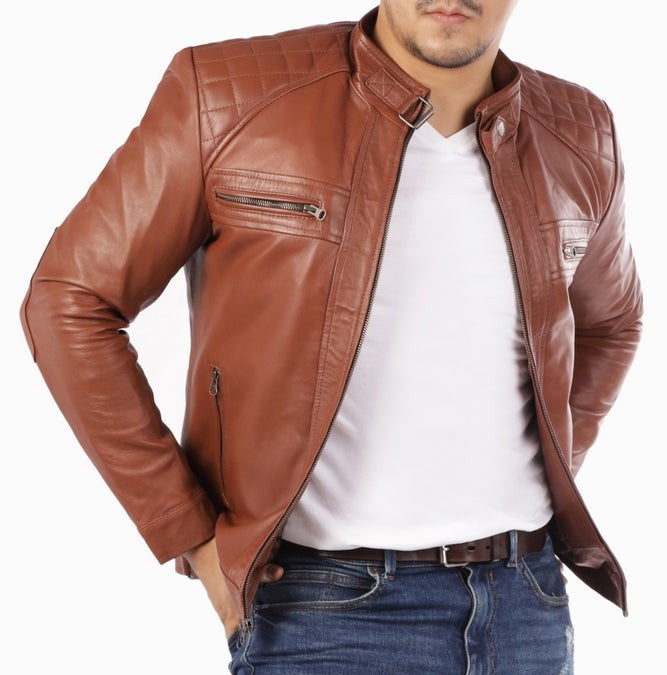 Men's Casual Signature Diamond Lambskin Leather Jacket-Tan